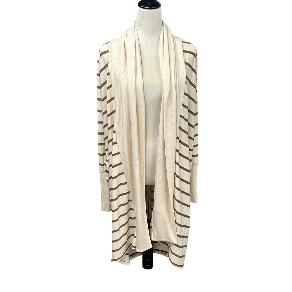 Striped‎ Open Front Cardigan L Cream Brown Knit Duster Sweater Minimalist Boho
